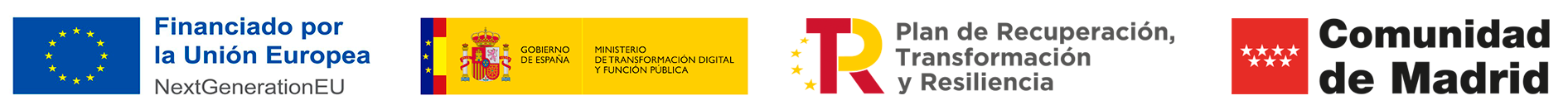 Logo Unión Europea, logo del Ministerio para la transformación digital y de la función pública, logo Plan de recuperación, transformación y resiliencia, y logo de la Comunidad de Madrid