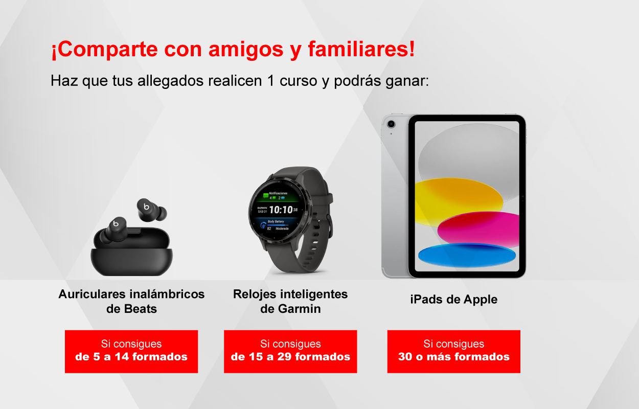 Imagen compuesta para mostrar los premios del concuros de referidos: unos auriculares bluetooth, un smartwatch y un iPad